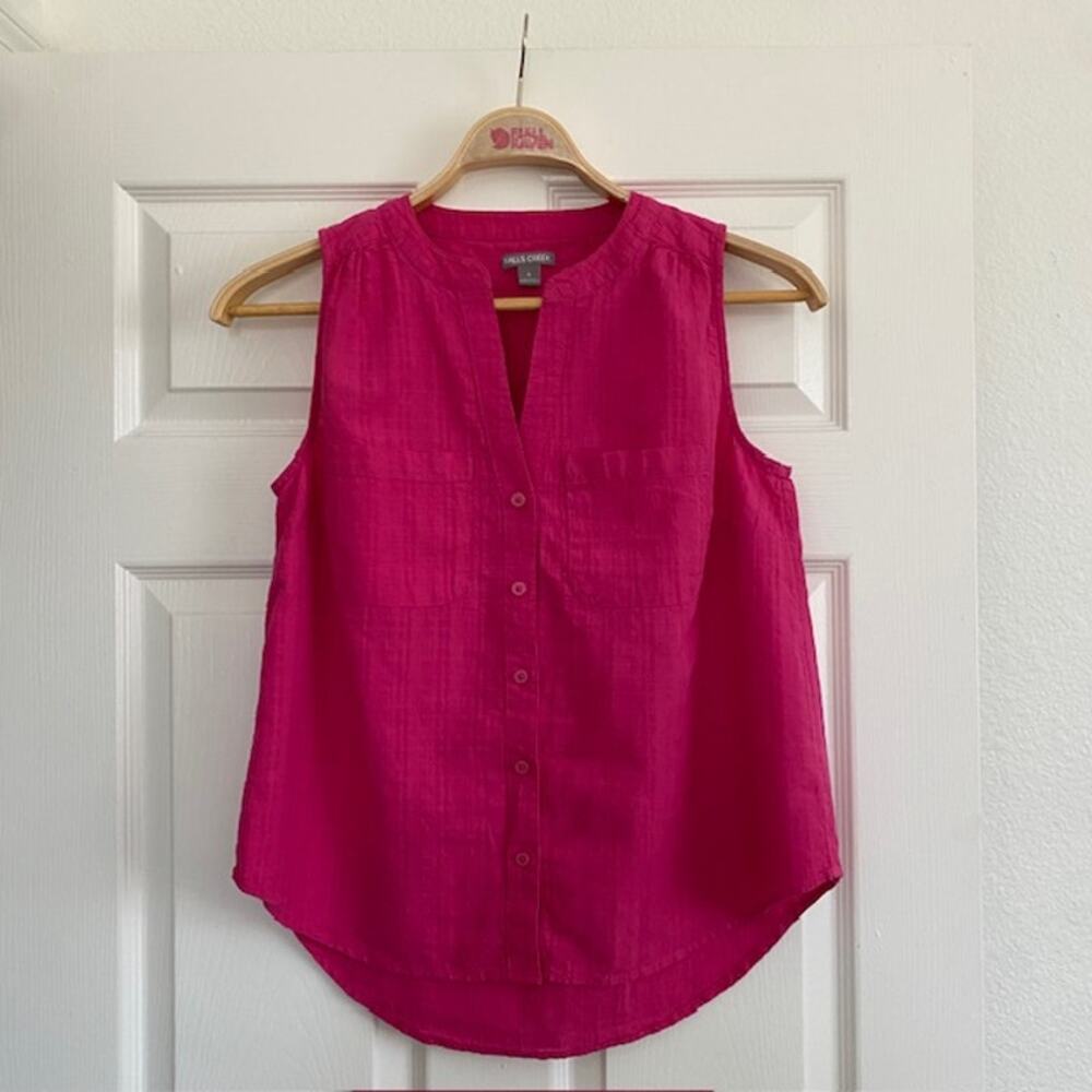 Falls Creek Womens Fuchsia Pink Sleeveless 100% Cotton Top‎ Notch Neckline Small